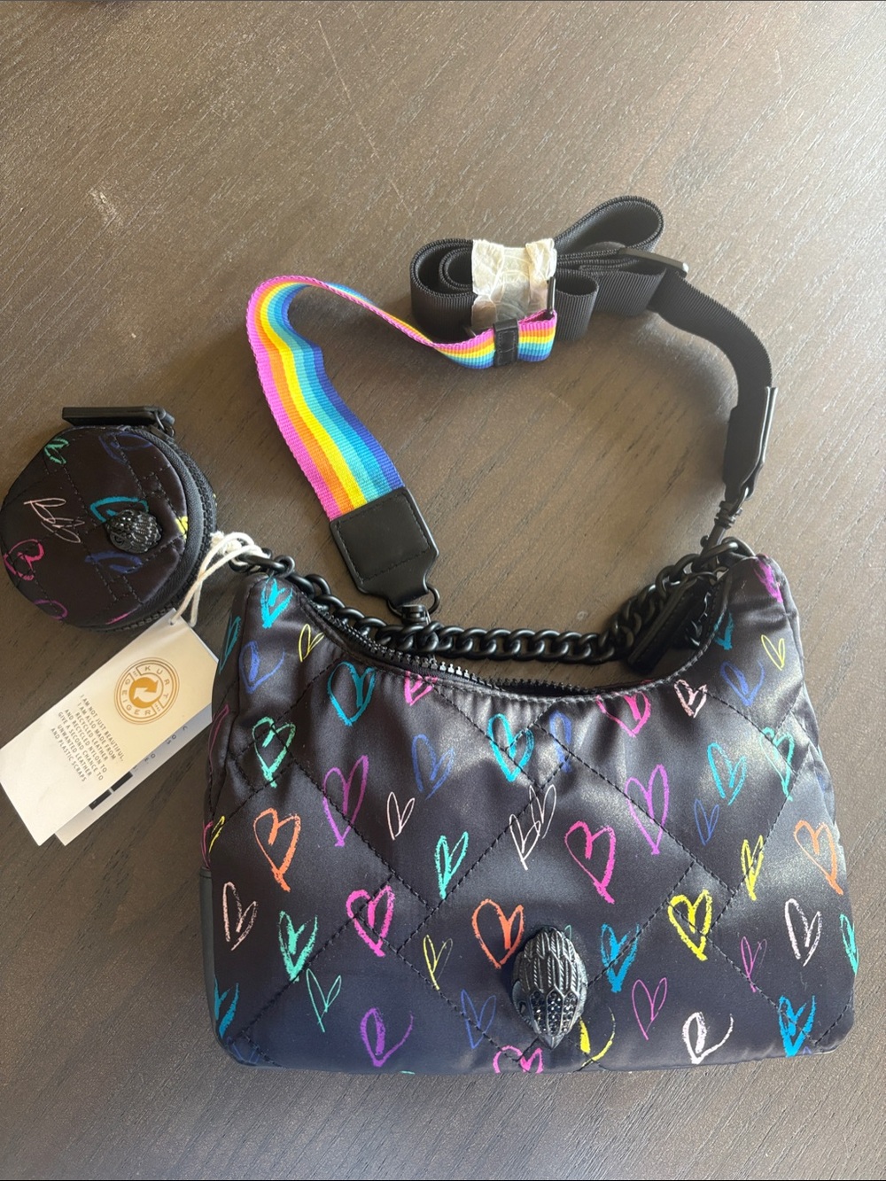 Kurt Geiger Black Quilted Crossbody with Multicolor Heart Print & Rainbow Strap